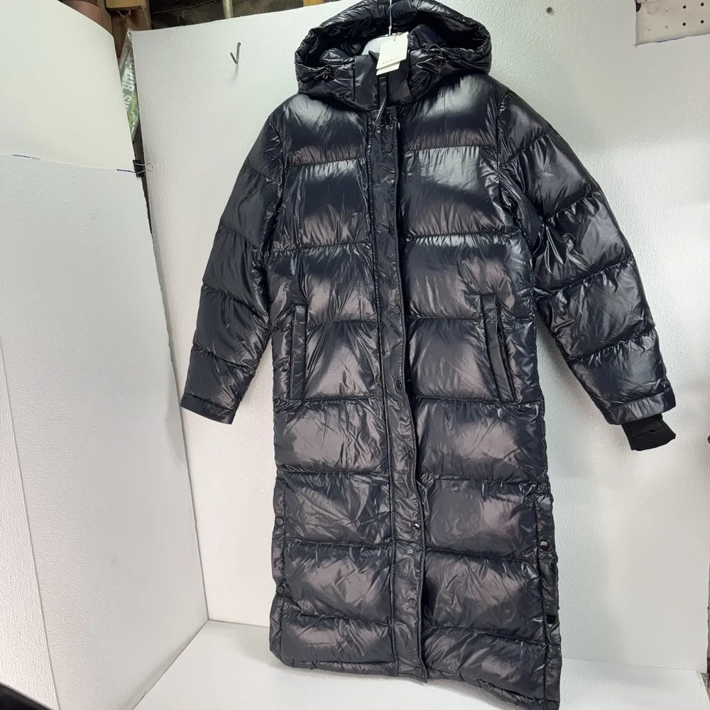 NWT Quince Women's Responsible Down Long Puffer Jacket Hooded Shiny Black Sz XS